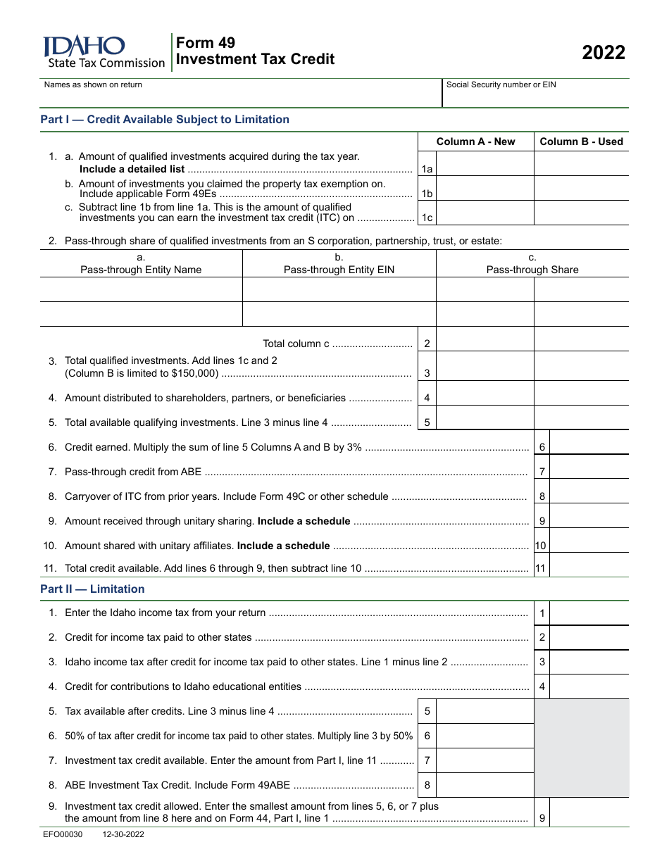 Form 49 (EFO00030) Investment Tax Credit - Idaho, Page 1