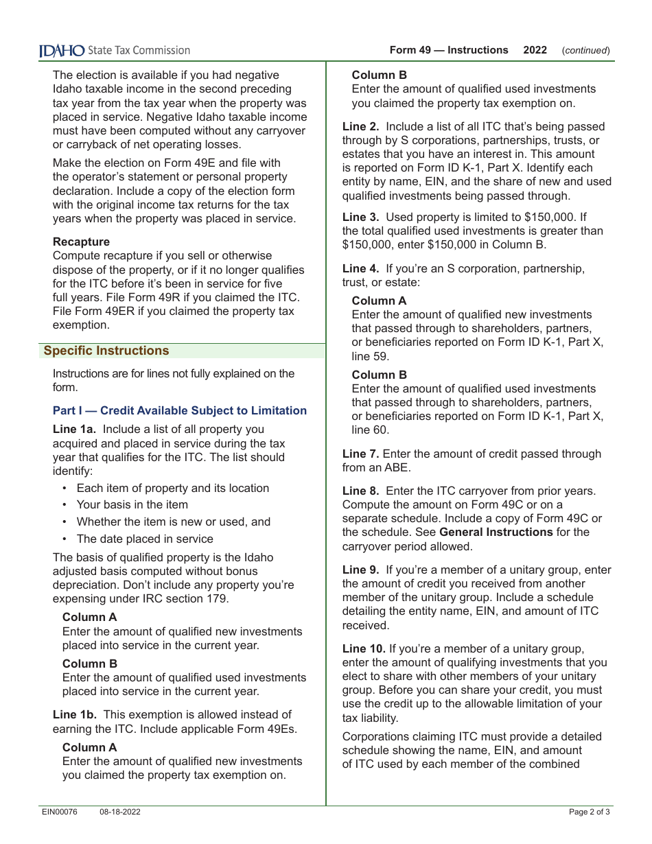 Form 49 (EFO00030) Investment Tax Credit - Idaho, Page 3