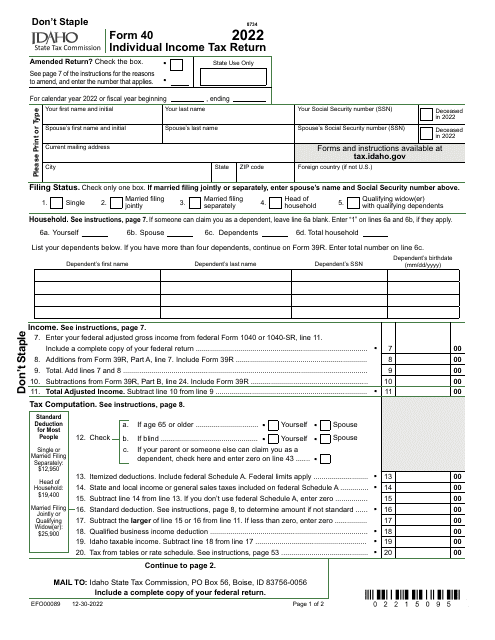 Form 40 (EFO00089) Individual Income Tax Return - Idaho, 2022