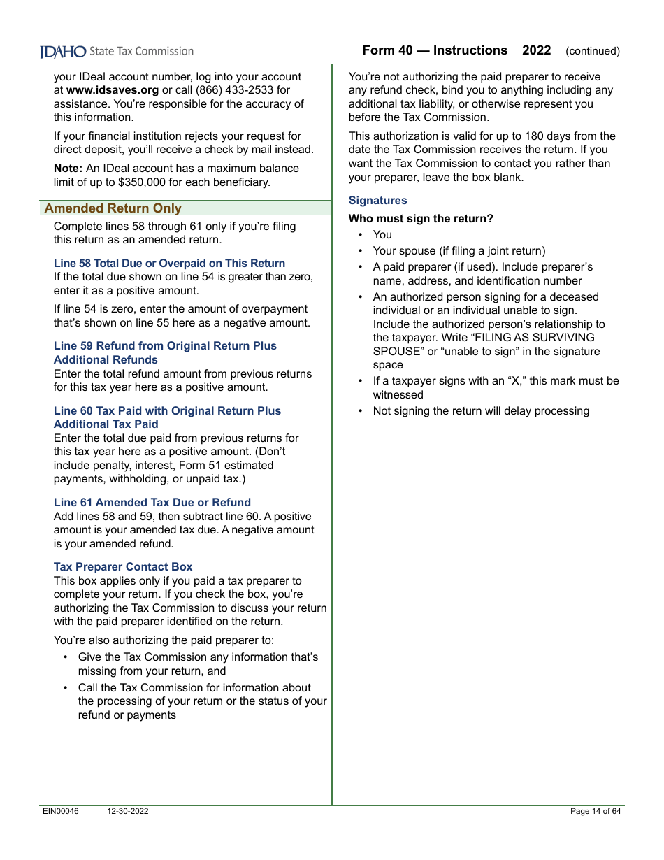 Form 40 (EFO00089) Individual Income Tax Return - Idaho, Page 10