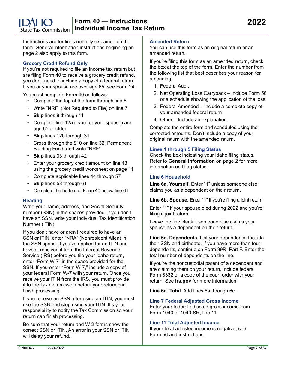Form 40 (EFO00089) Individual Income Tax Return - Idaho, Page 3