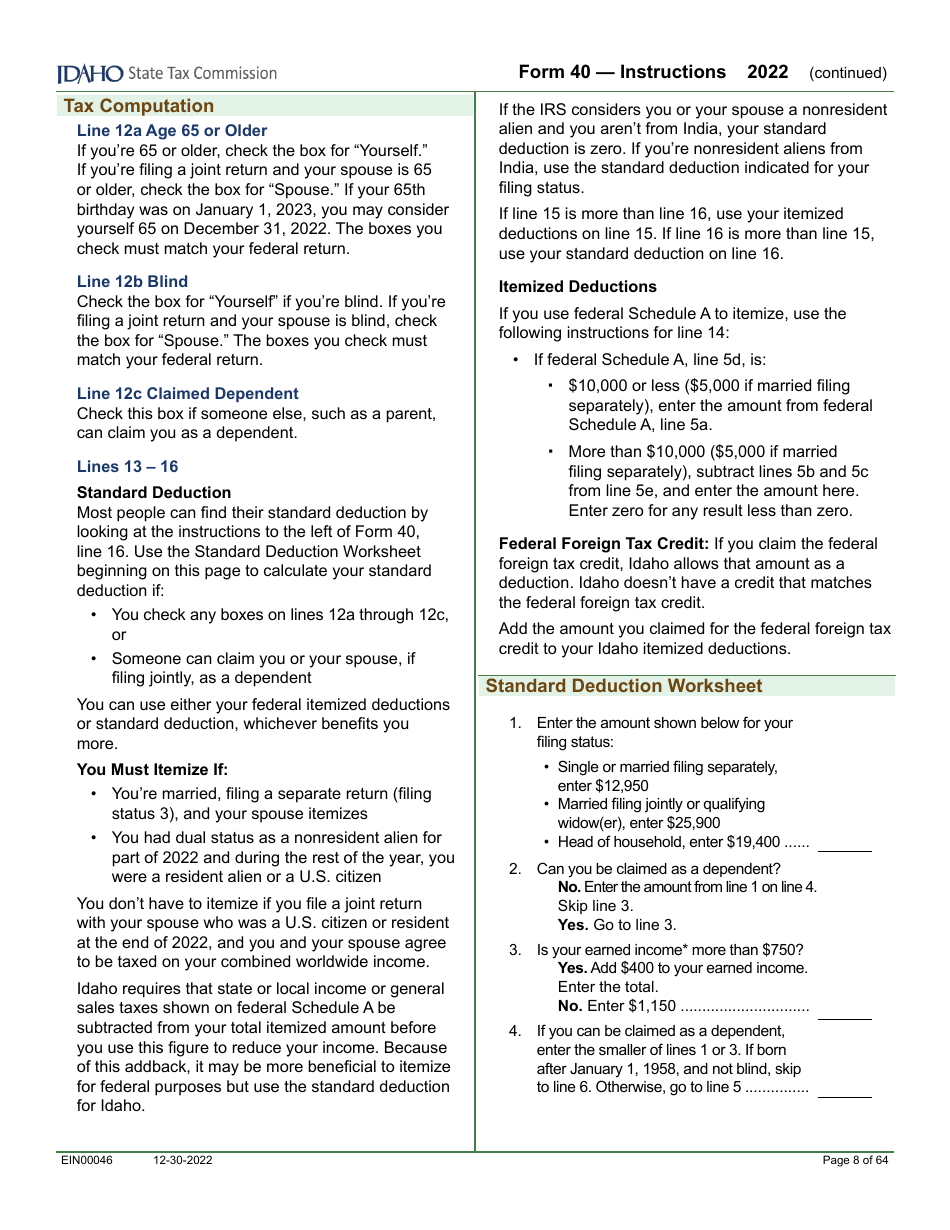 Form 40 (EFO00089) Individual Income Tax Return - Idaho, Page 4