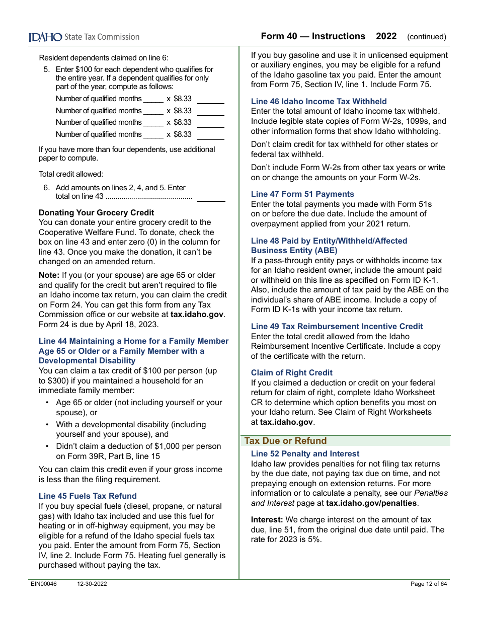 Form 40 (EFO00089) Individual Income Tax Return - Idaho, Page 8