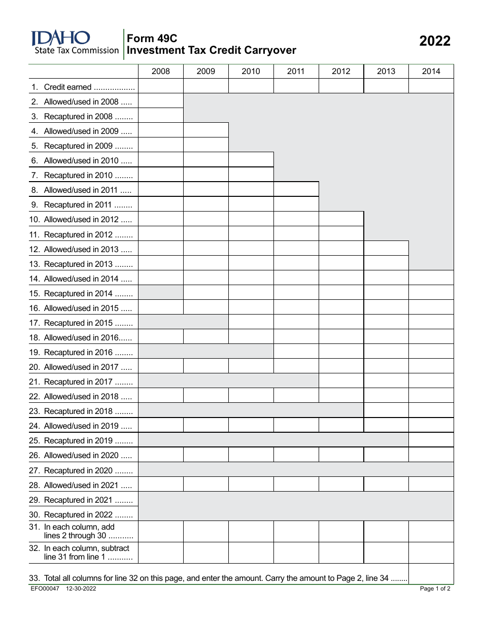 Form 49C (EFO00047) Investment Tax Credit Carryover - Idaho, Page 1