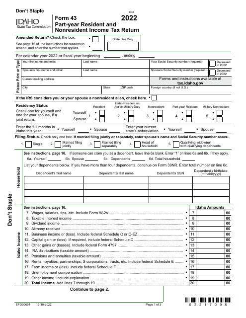Form 43 (EFO00091) Part-Year Resident and Nonresident Income Tax Return - Idaho, 2022