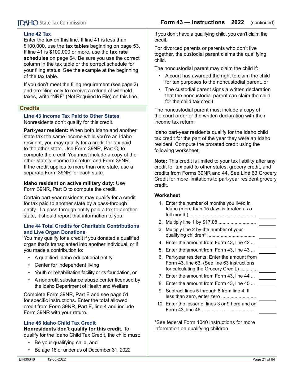 Form 43 (EFO00091) Part-Year Resident and Nonresident Income Tax Return - Idaho, Page 10