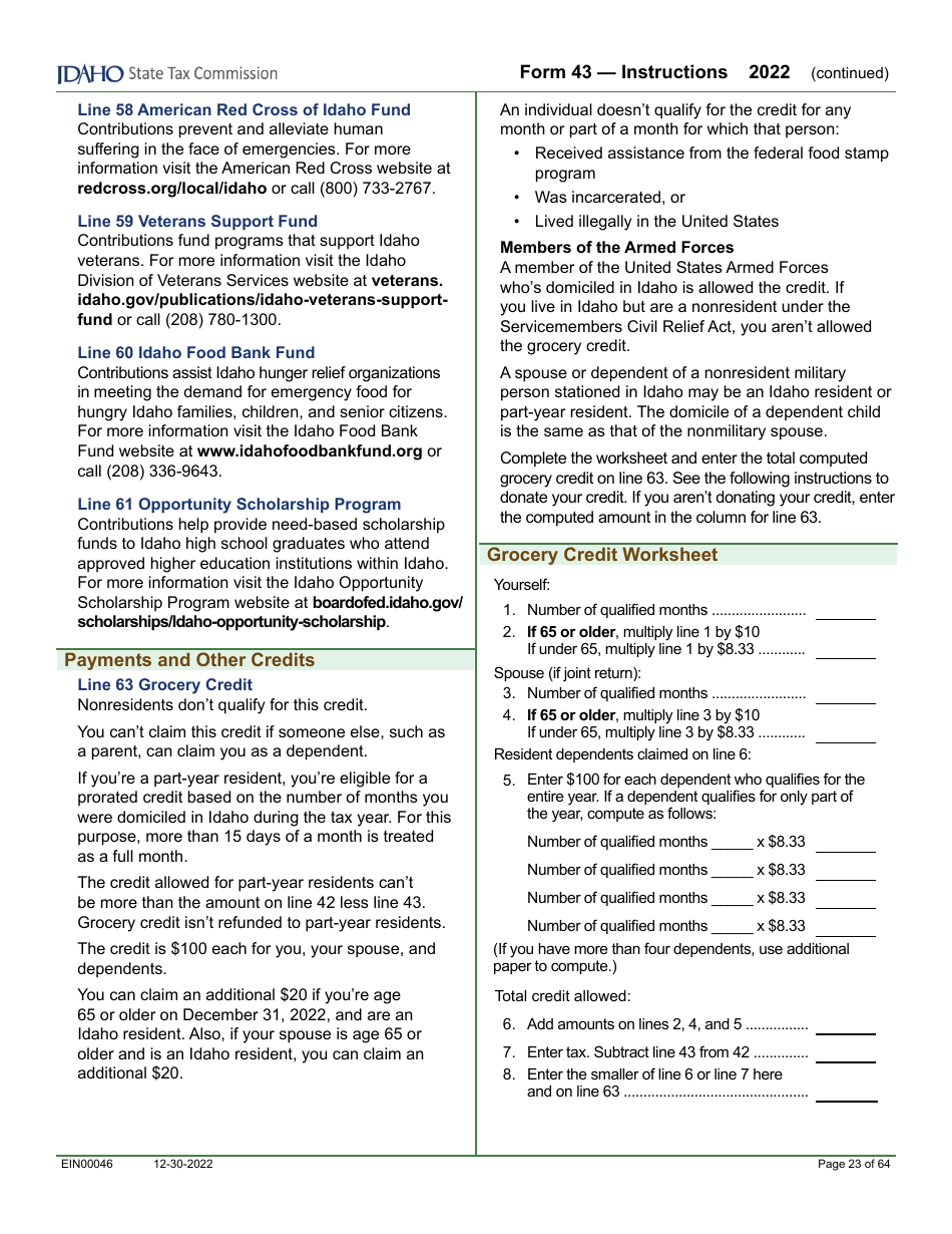 Form 43 (EFO00091) Part-Year Resident and Nonresident Income Tax Return - Idaho, Page 12
