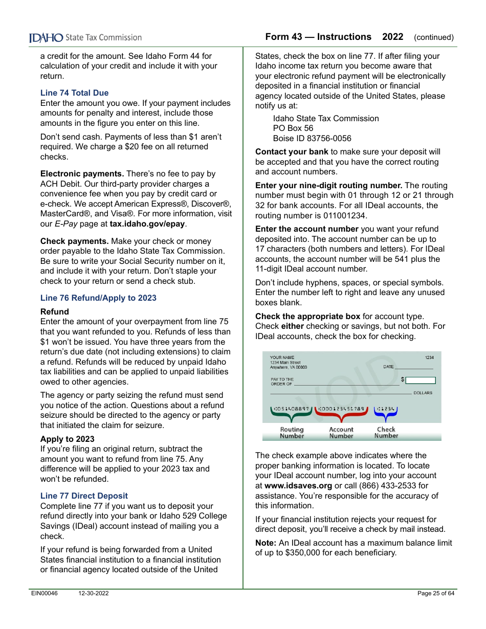 Form 43 (EFO00091) Part-Year Resident and Nonresident Income Tax Return - Idaho, Page 14