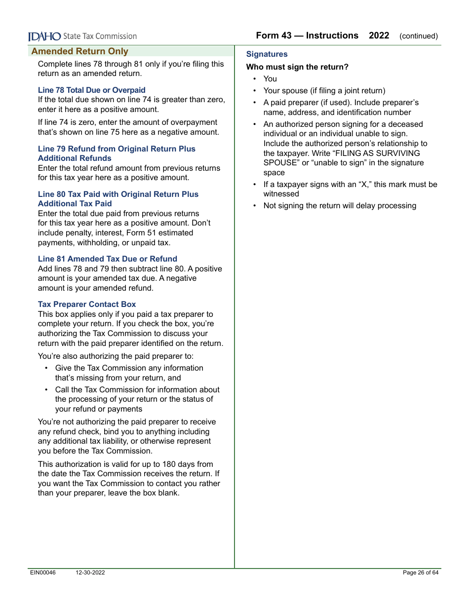 Form 43 (EFO00091) Part-Year Resident and Nonresident Income Tax Return - Idaho, Page 15
