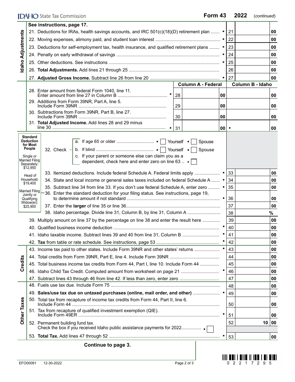 Form 43 (EFO00091) Part-Year Resident and Nonresident Income Tax Return - Idaho, Page 2