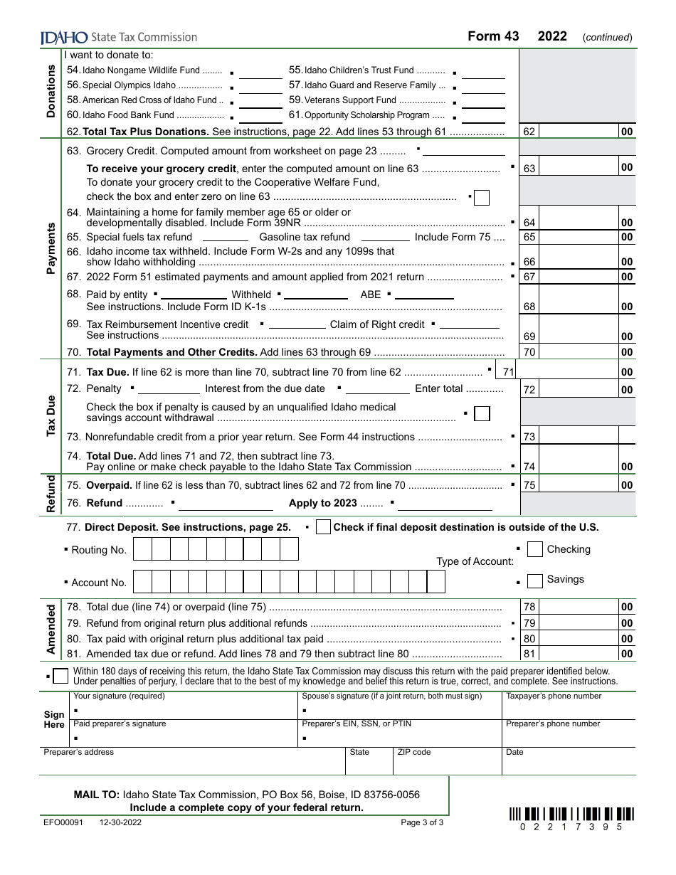 Form 43 (EFO00091) Part-Year Resident and Nonresident Income Tax Return - Idaho, Page 3