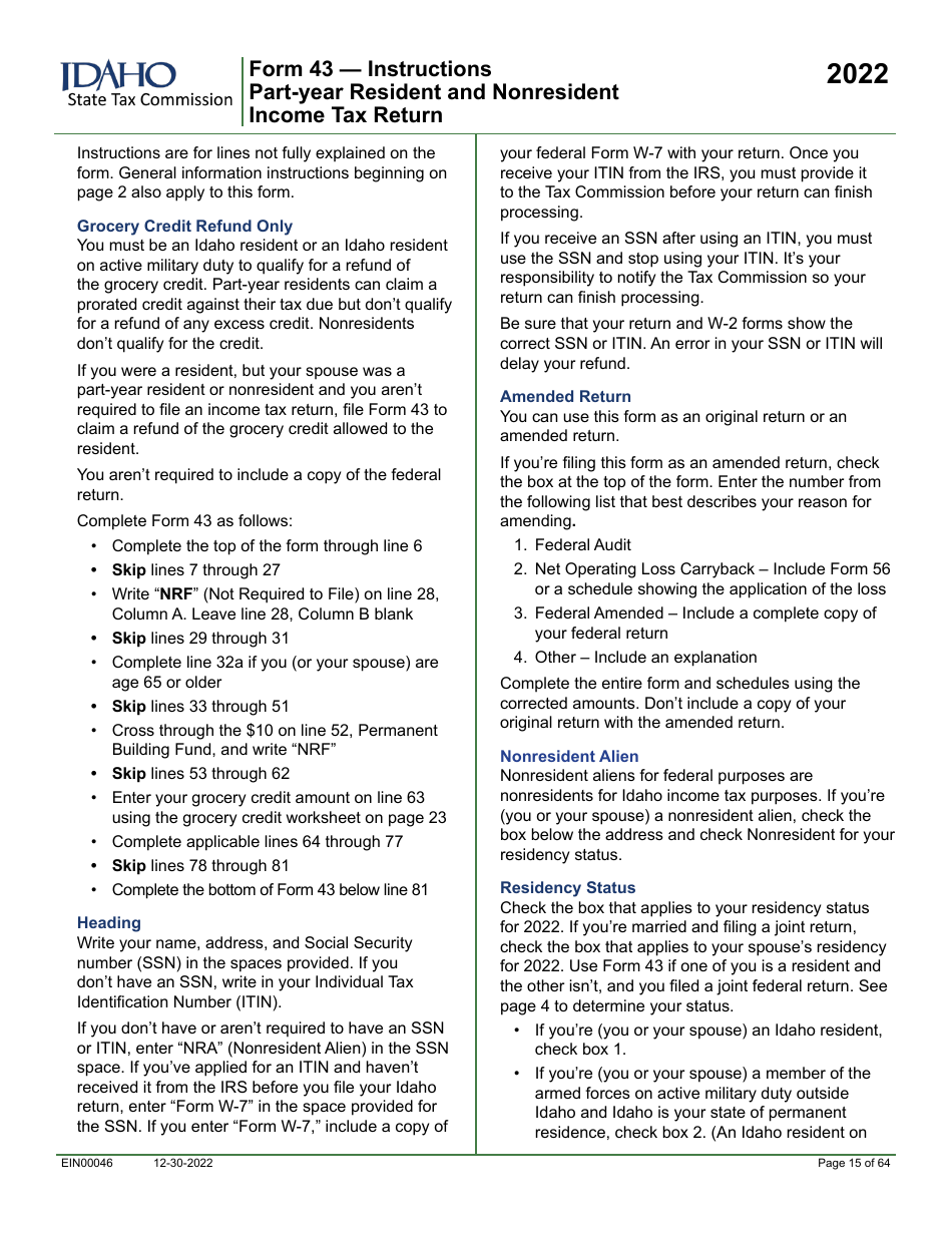 Form 43 (EFO00091) Part-Year Resident and Nonresident Income Tax Return - Idaho, Page 4
