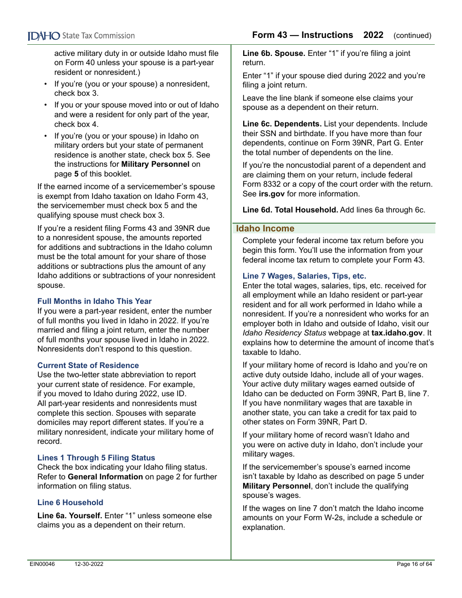Form 43 (EFO00091) Part-Year Resident and Nonresident Income Tax Return - Idaho, Page 5