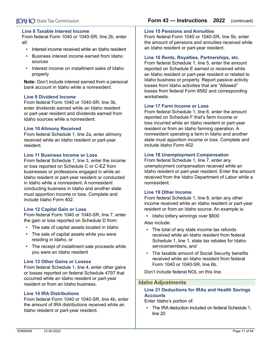 Form 43 (EFO00091) Part-Year Resident and Nonresident Income Tax Return - Idaho, Page 6