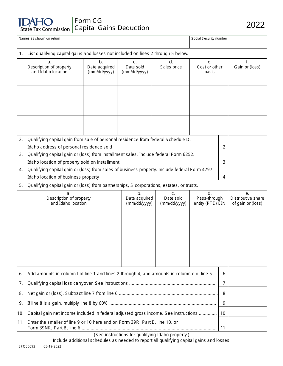 Form CG (EFO00093) Capital Gains Deduction - Idaho, Page 1
