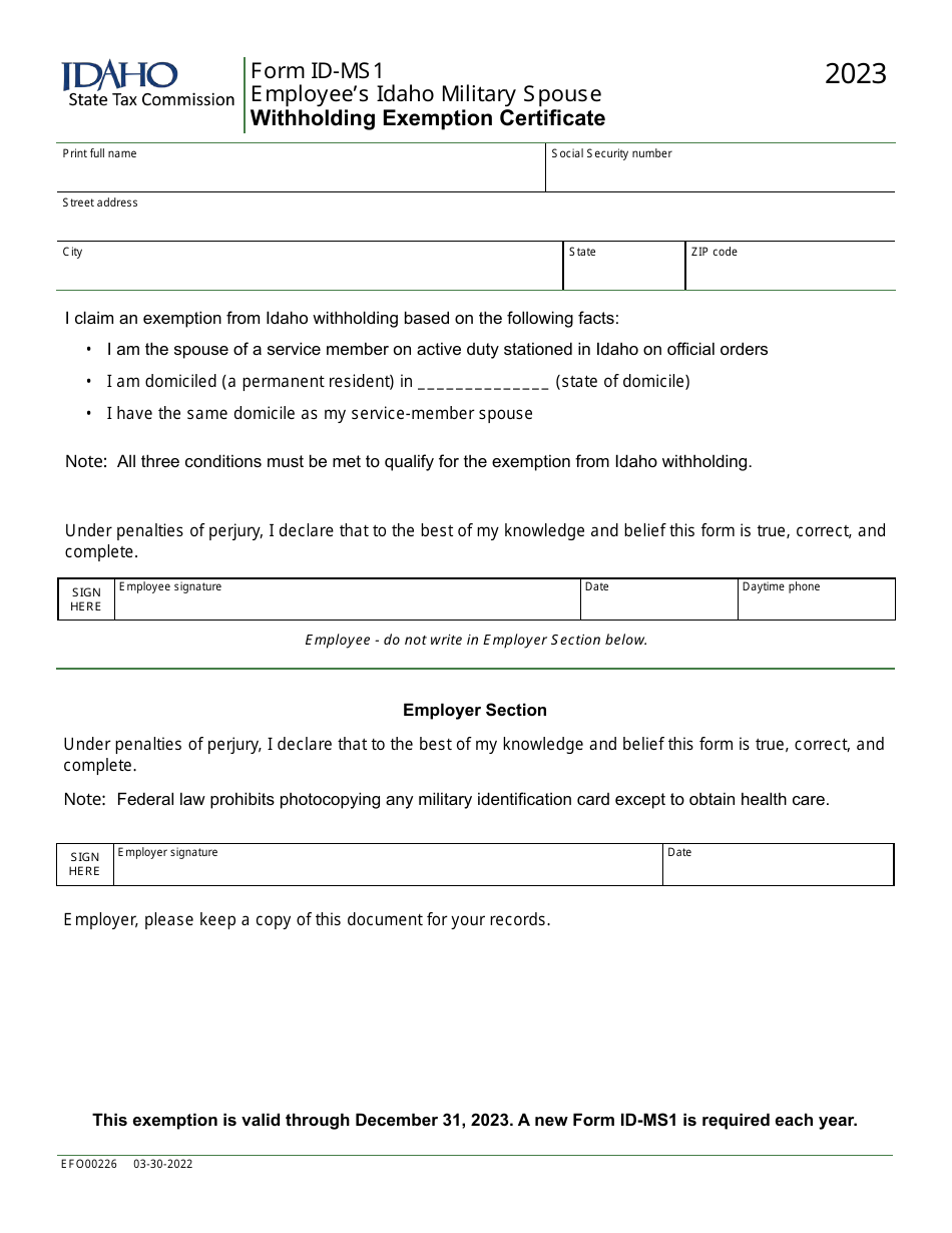 Form ID-MS1 (EFO00226) Employees Idaho Military Spouse Withholding Exemption Certificate - Idaho, Page 1