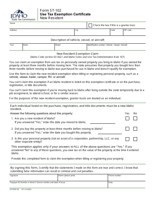 Form ST-102 (EFO00133)  Printable Pdf