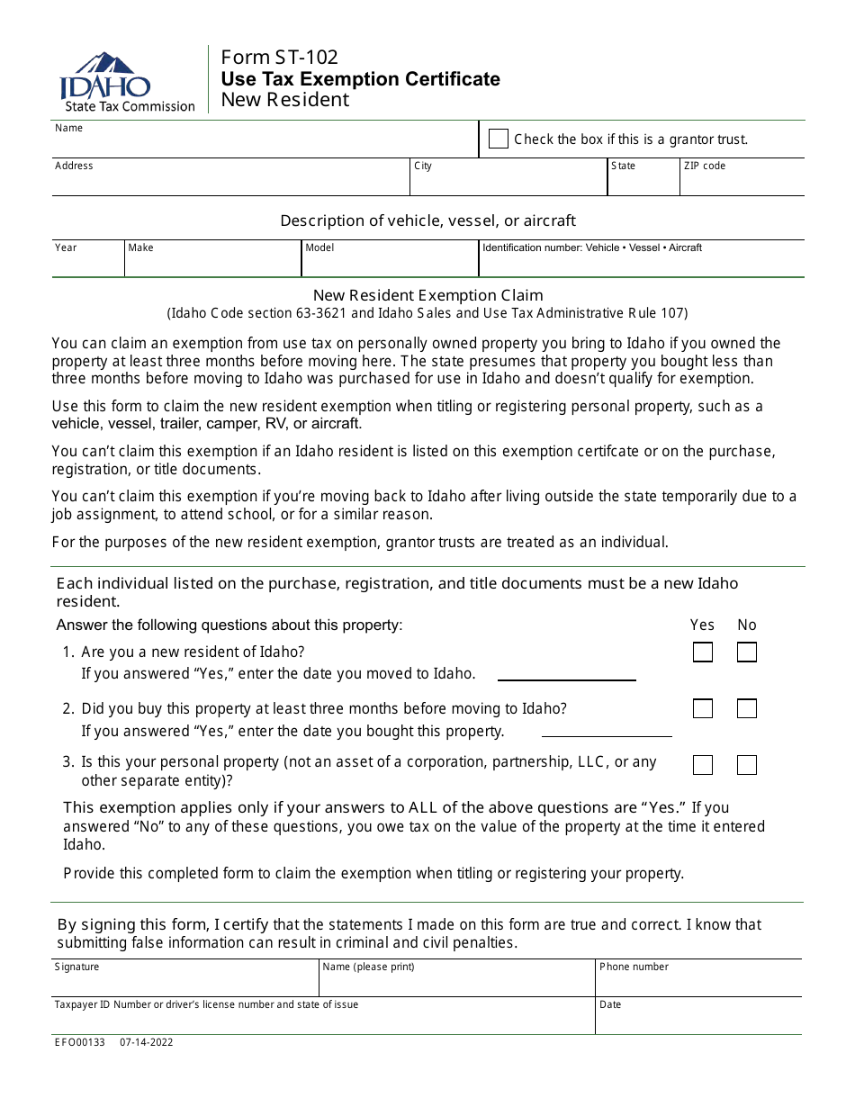 Form ST-102 (EFO00133) Use Tax Exemption Certificate New Resident - Idaho, Page 1