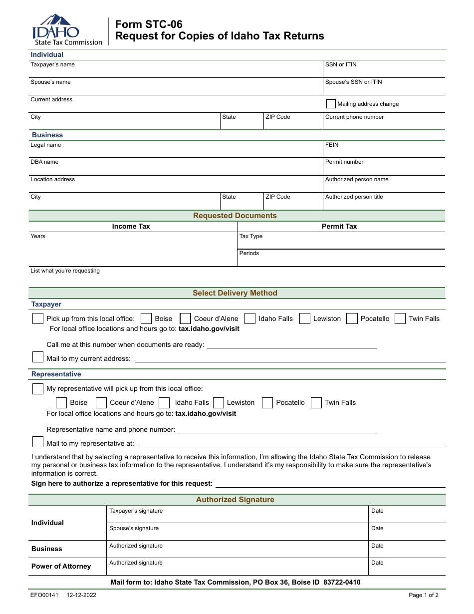 Form STC-06 (EFO00141) Request for Copies of Idaho Tax Returns - Idaho, Page 1