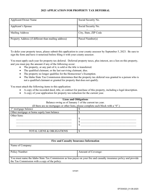 Form EFO00023 Application for Property Tax Deferral - Idaho, 2023