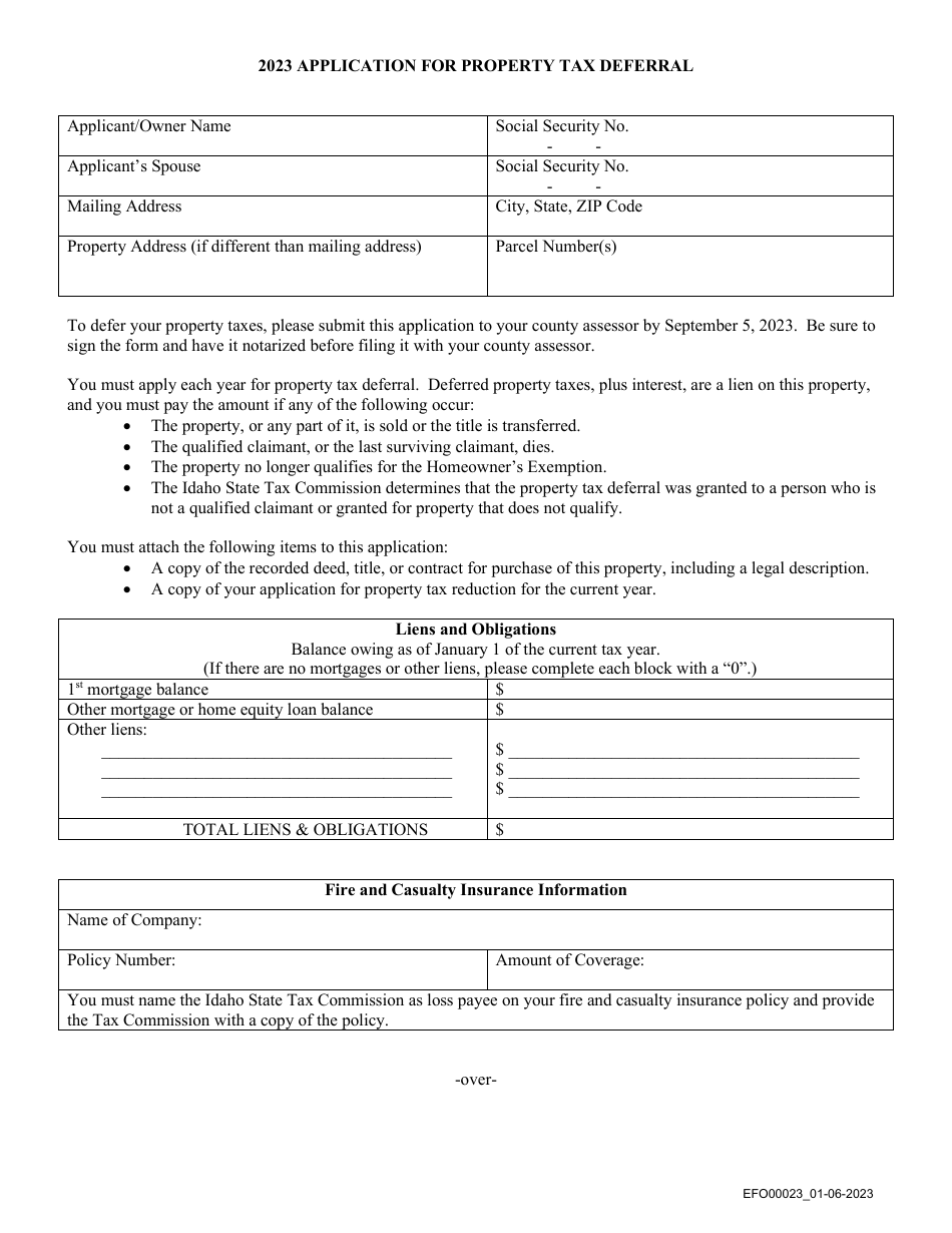 Form EFO00023 Application for Property Tax Deferral - Idaho, Page 1