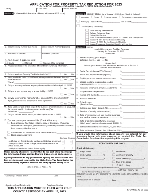 Form EFO00002 Application for Property Tax Reduction - Idaho, 2023