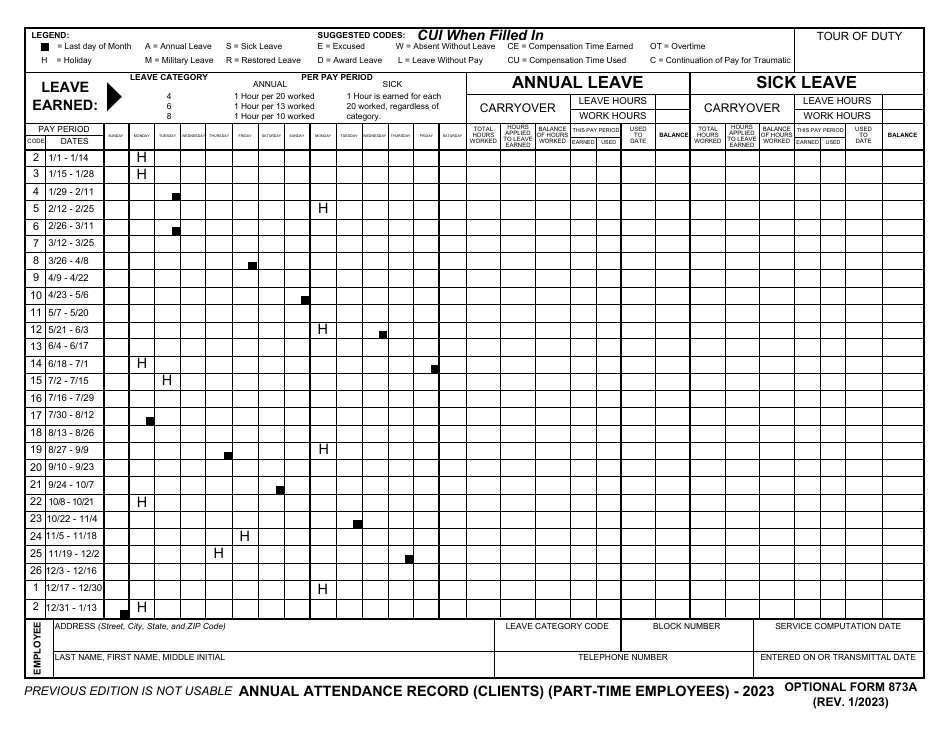GSA Form 873A Annual Attendance Record (Clients) (Part-Time Employees), Page 1