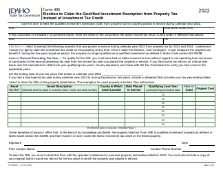 Form 49E (EFO00031) Election to Claim the Qualified Investment Exemption From Property Tax Instead of Investment Tax Credit - Idaho