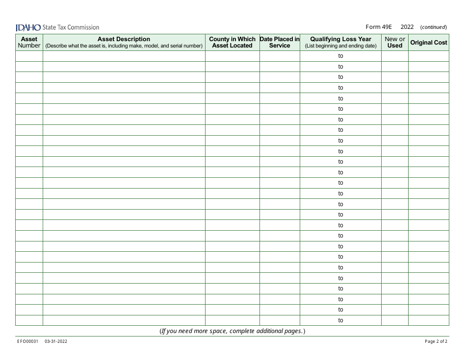 Form 49E (EFO00031) Election to Claim the Qualified Investment Exemption From Property Tax Instead of Investment Tax Credit - Idaho, Page 2