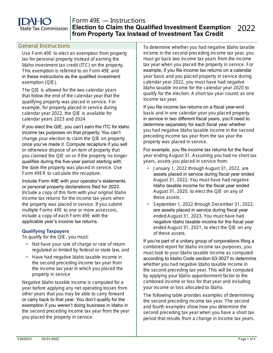 Form 49E (EFO00031) Election to Claim the Qualified Investment Exemption From Property Tax Instead of Investment Tax Credit - Idaho, Page 3