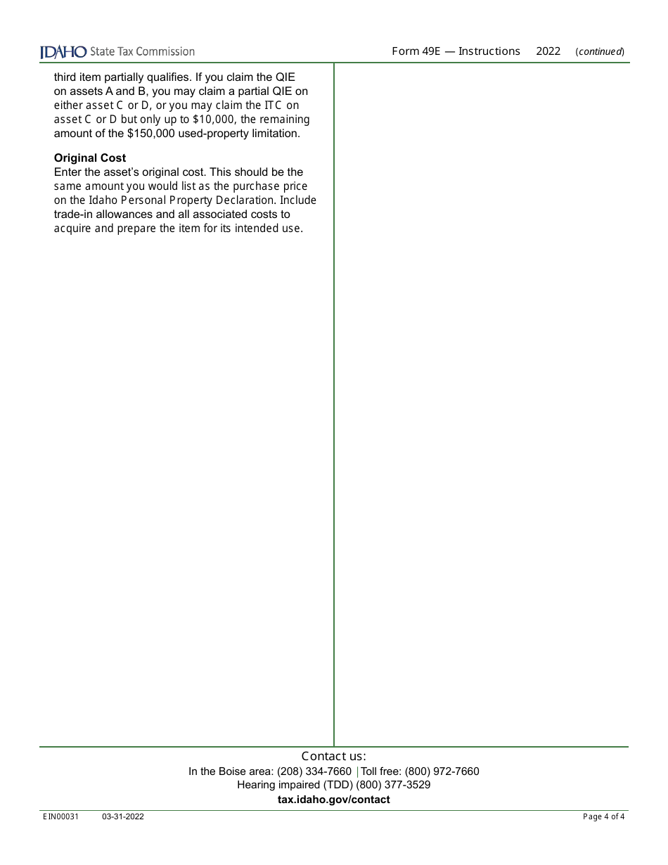 Form 49E (EFO00031) Election to Claim the Qualified Investment Exemption From Property Tax Instead of Investment Tax Credit - Idaho, Page 6