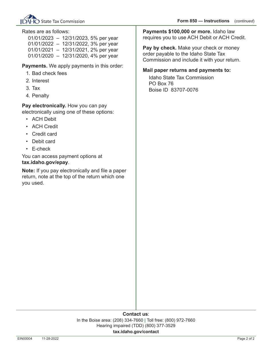Instructions for Form 850 Sales and Use Tax Return - Idaho, Page 2