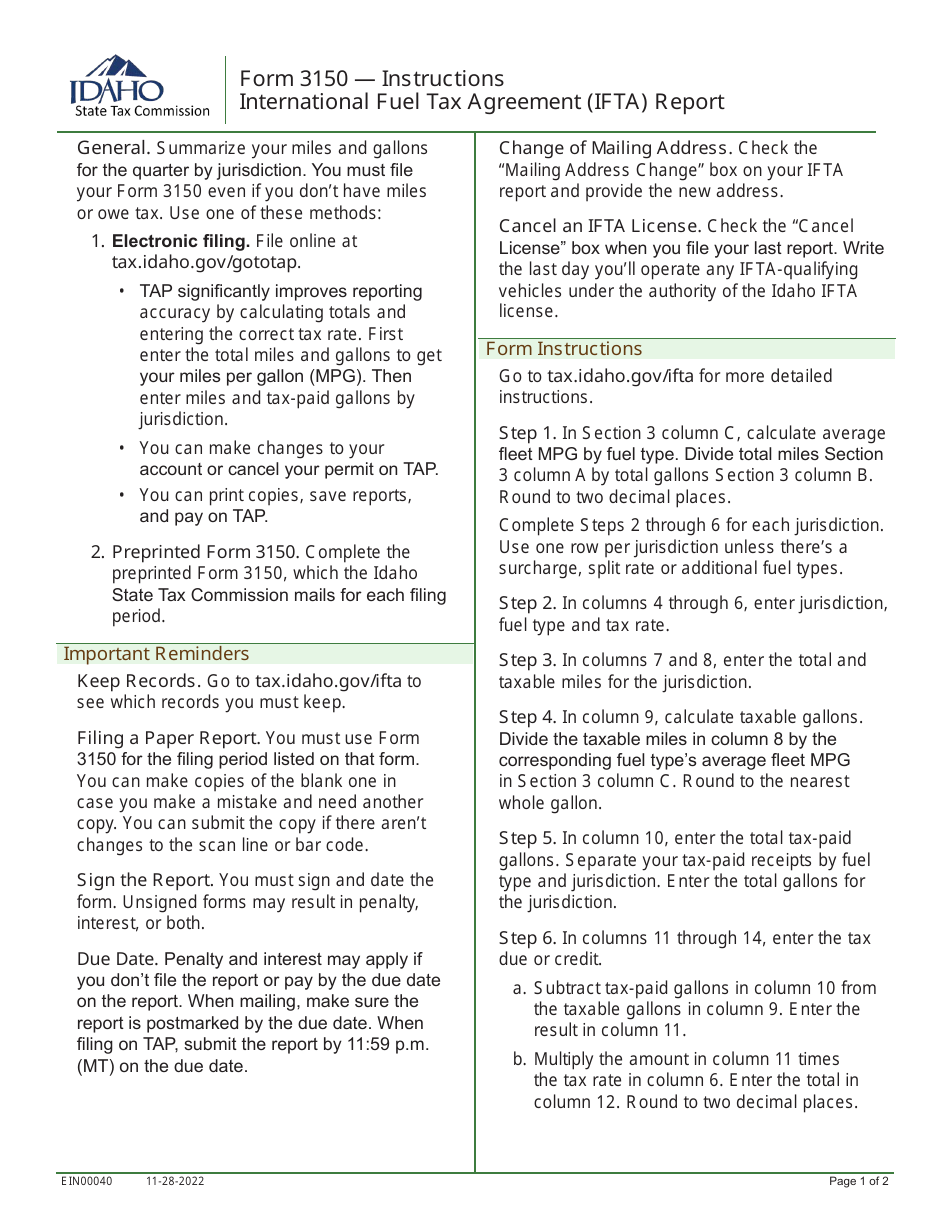 Instructions for Form 3150 International Fuel Tax Agreement (Ifta) Report - Idaho, Page 1