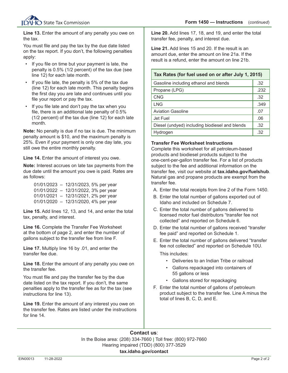 Instructions for Form 1450 Distributors Fuel Tax Report - Idaho, Page 2