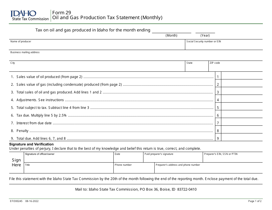 Form 29 (EFO00245) Oil and Gas Production Tax Statement (Monthly) - Idaho, Page 1