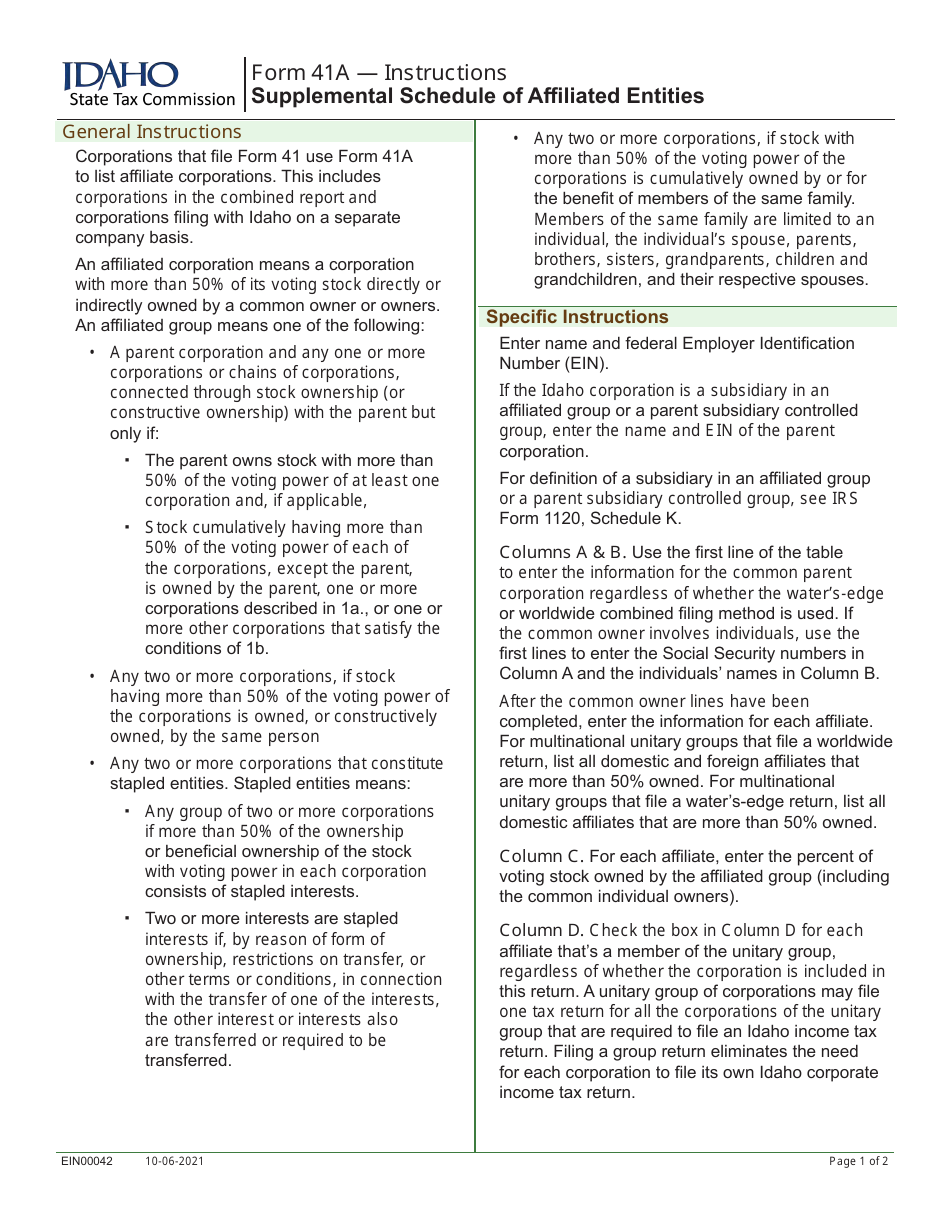 Form 41A (EFO00137) Supplemental Schedule of Affiliated Entities - Idaho, Page 2