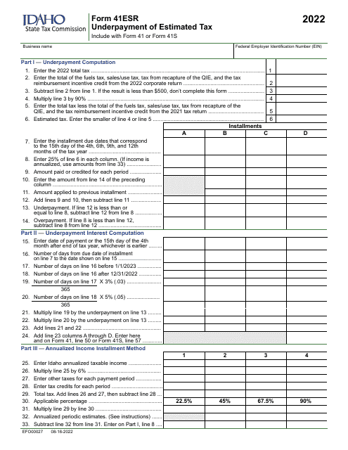Form 41ESR (EFO00027) Underpayment of Estimated Tax - Idaho, 2022
