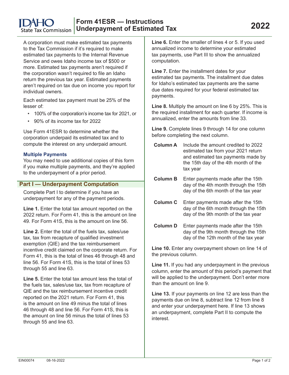 Form 41ESR (EFO00027) Underpayment of Estimated Tax - Idaho, Page 2