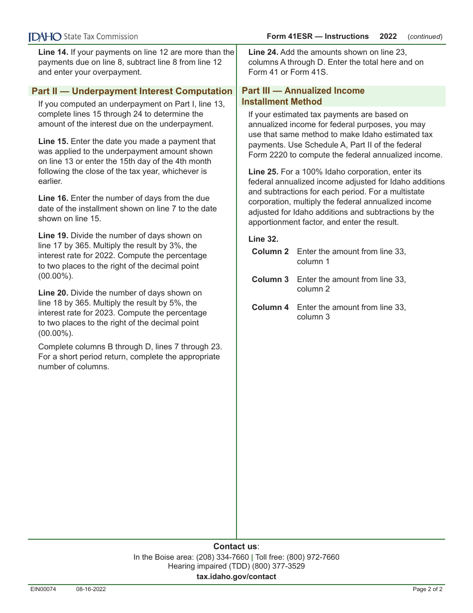 Form 41ESR (EFO00027) Underpayment of Estimated Tax - Idaho, Page 3