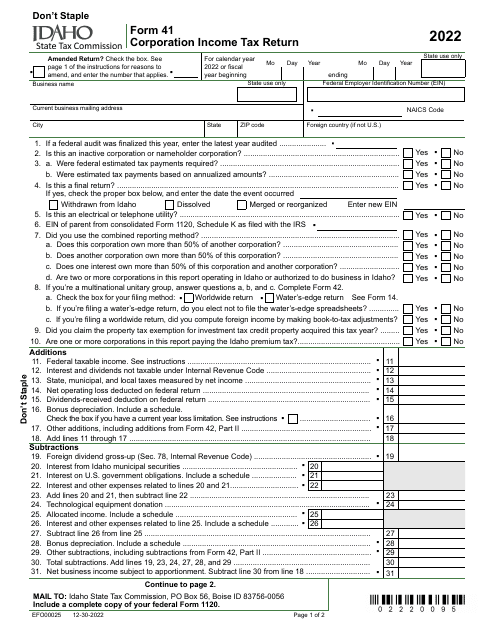 Form 41 (EFO00025) Corporation Income Tax Return - Idaho, 2022