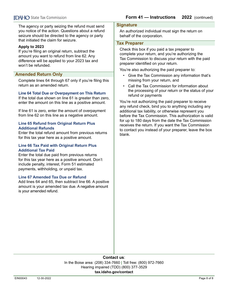 Form 41 (EFO00025) Corporation Income Tax Return - Idaho, Page 10