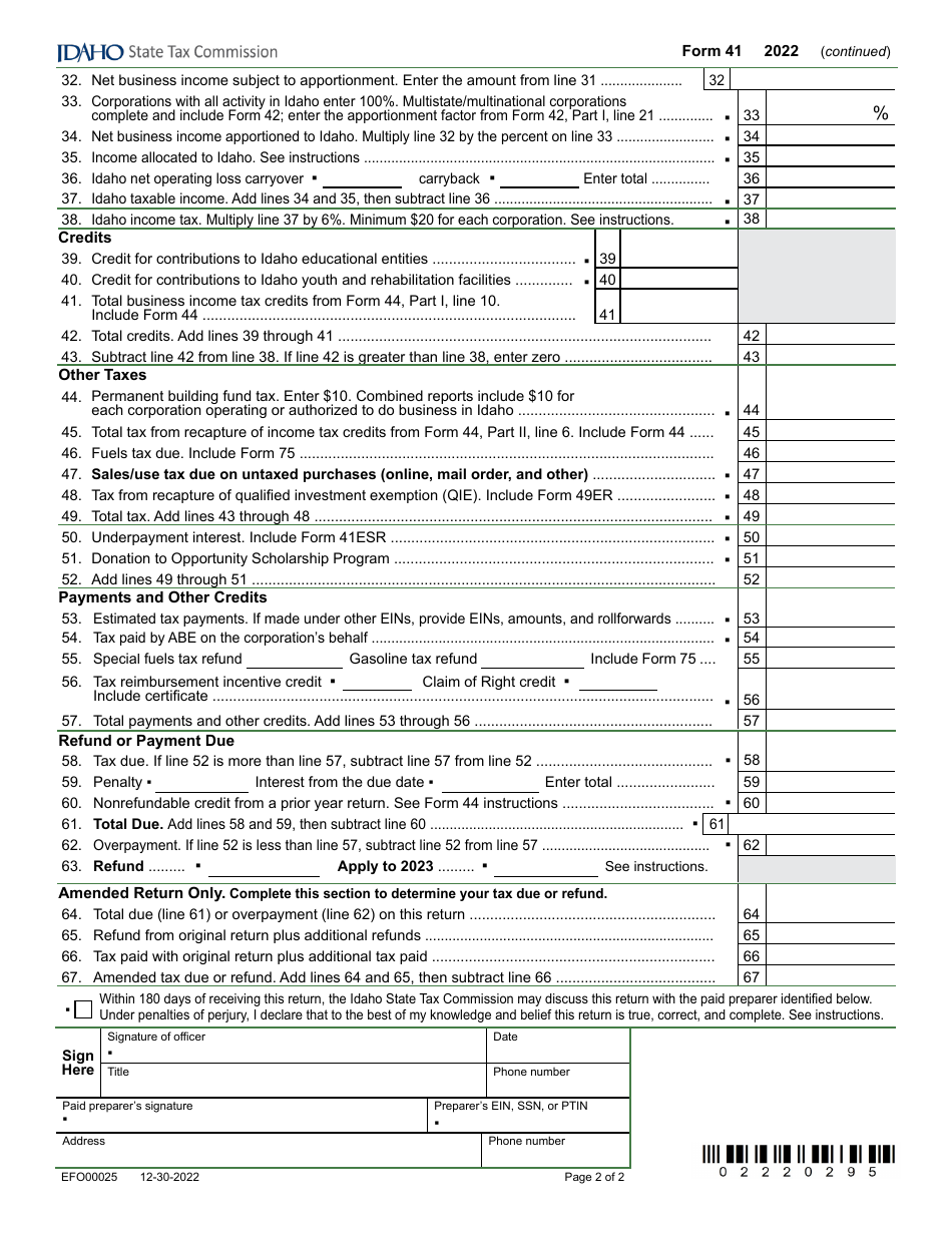 Form 41 (EFO00025) Corporation Income Tax Return - Idaho, Page 2
