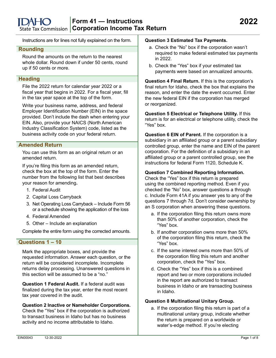 Form 41 (EFO00025) Corporation Income Tax Return - Idaho, Page 3