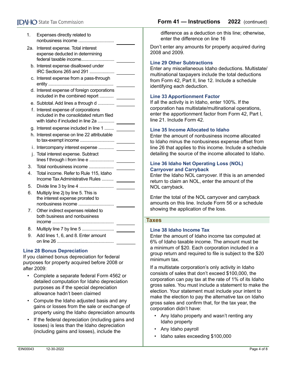 Form 41 (EFO00025) Corporation Income Tax Return - Idaho, Page 6
