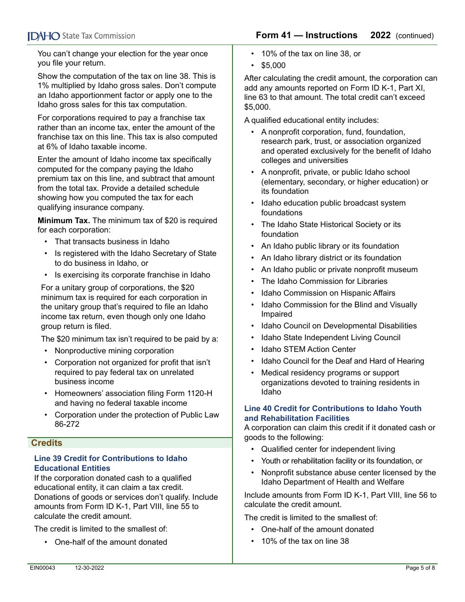 Form 41 (EFO00025) Corporation Income Tax Return - Idaho, Page 7