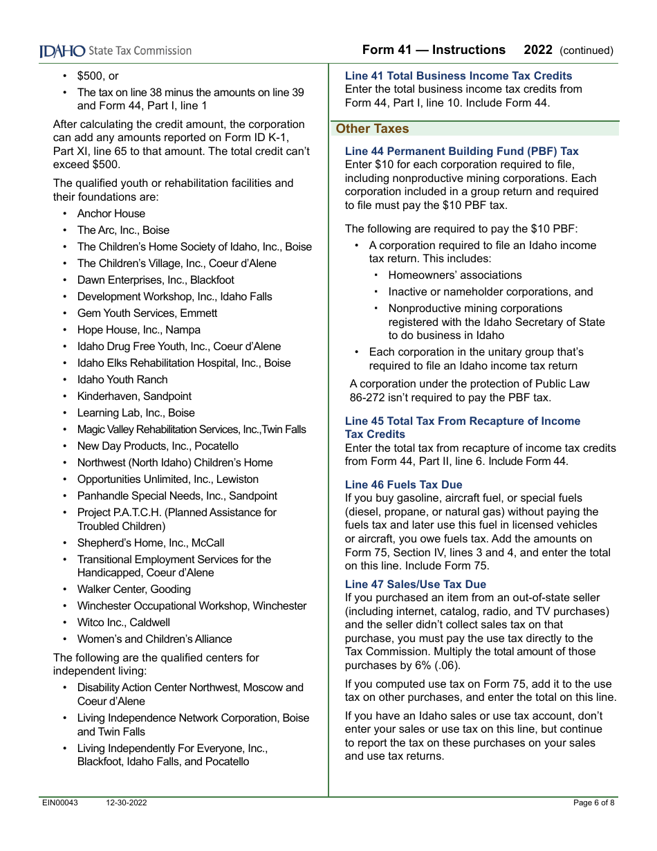 Form 41 (EFO00025) Corporation Income Tax Return - Idaho, Page 8