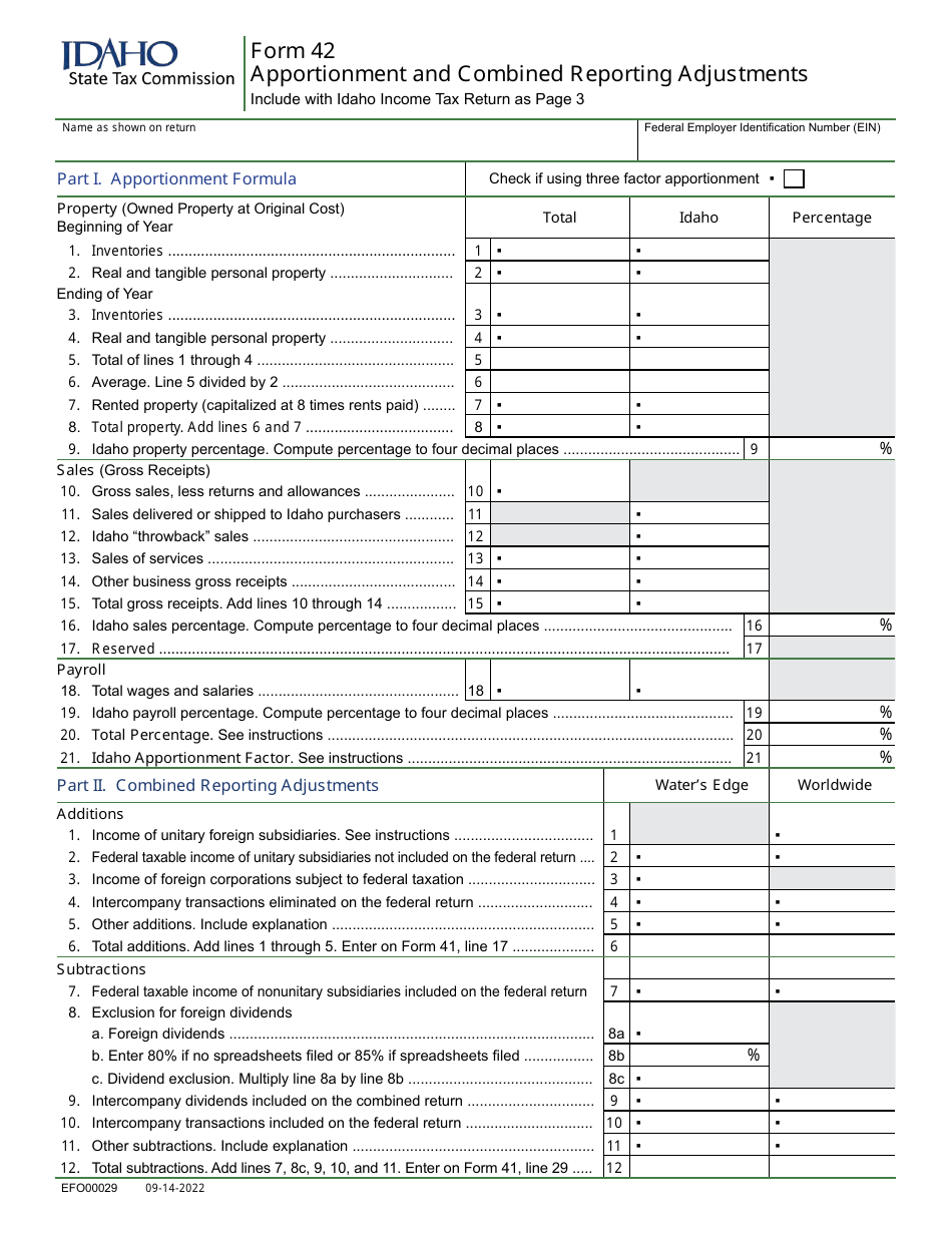 Form 42 (EFO00029) Apportionment and Combined Reporting Adjustments - Idaho, Page 1