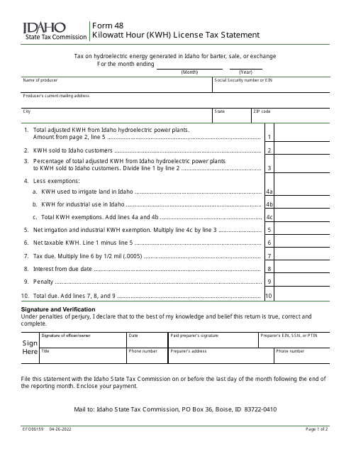Form 48 (EFO00159) Kilowatt Hour (Kwh) License Tax Statement - Idaho, 2022