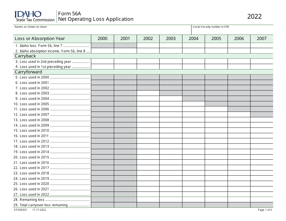 Form 56A (EFO00331) Net Operating Loss Application - Idaho, Page 1