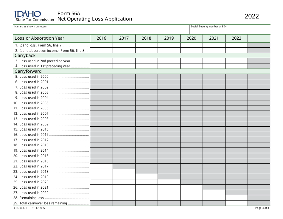 Form 56A (EFO00331) Net Operating Loss Application - Idaho, Page 3